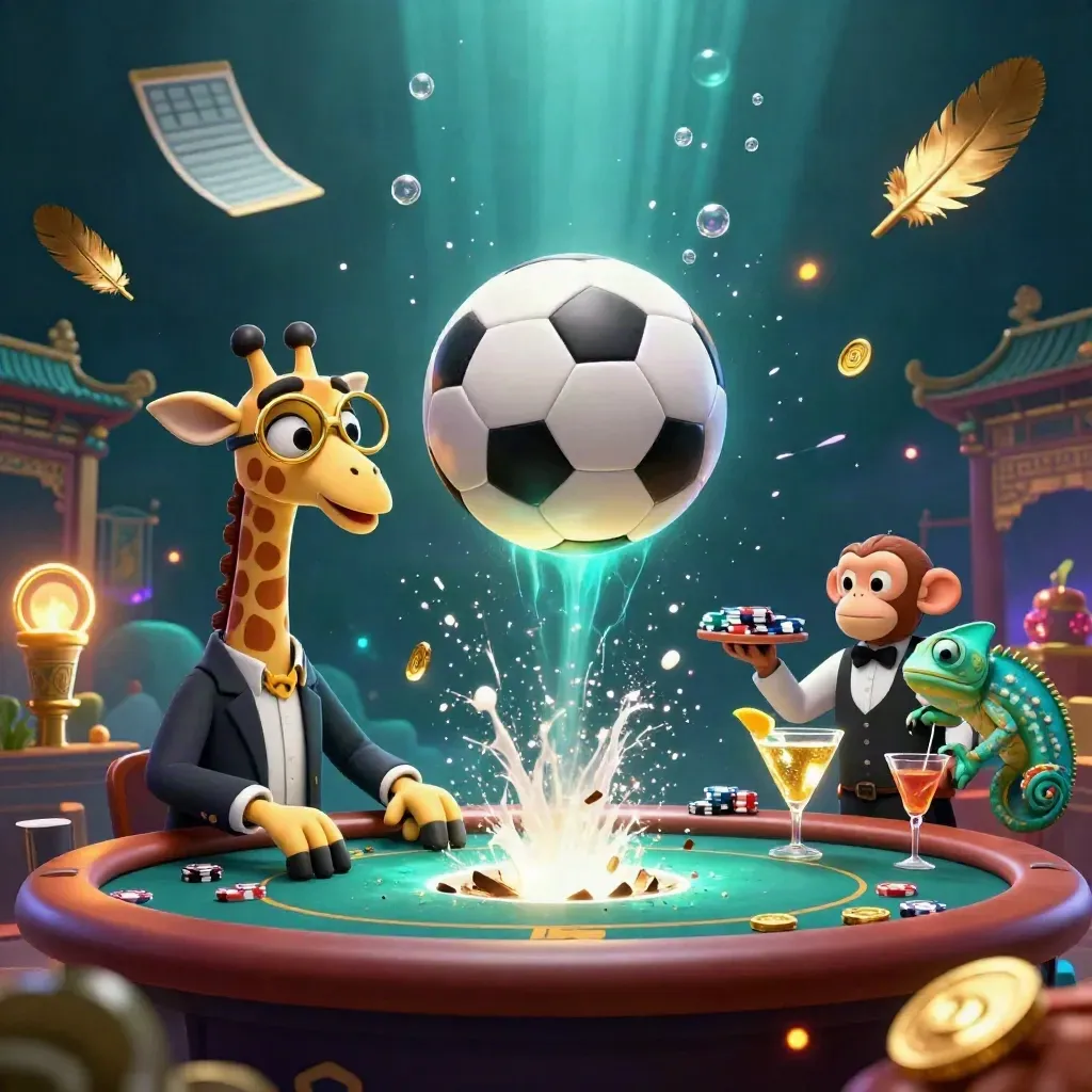Neon soccer strike with casino mascots, gold coins, bubbles, and a glowing VIP poker table.