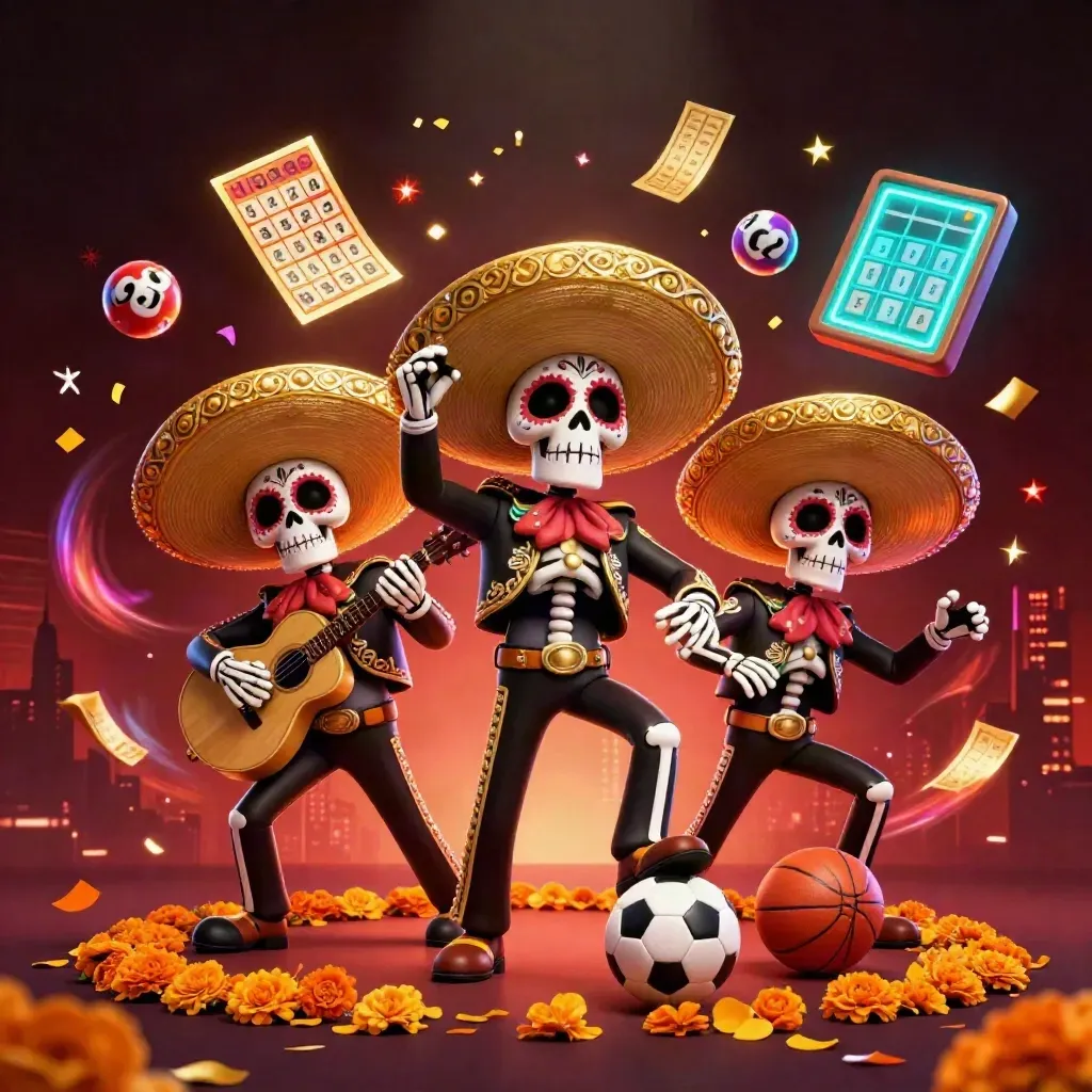 Skeleton mariachi trio amid casino game props, petals, confetti, and fireworks in a neon sports-casino scene.