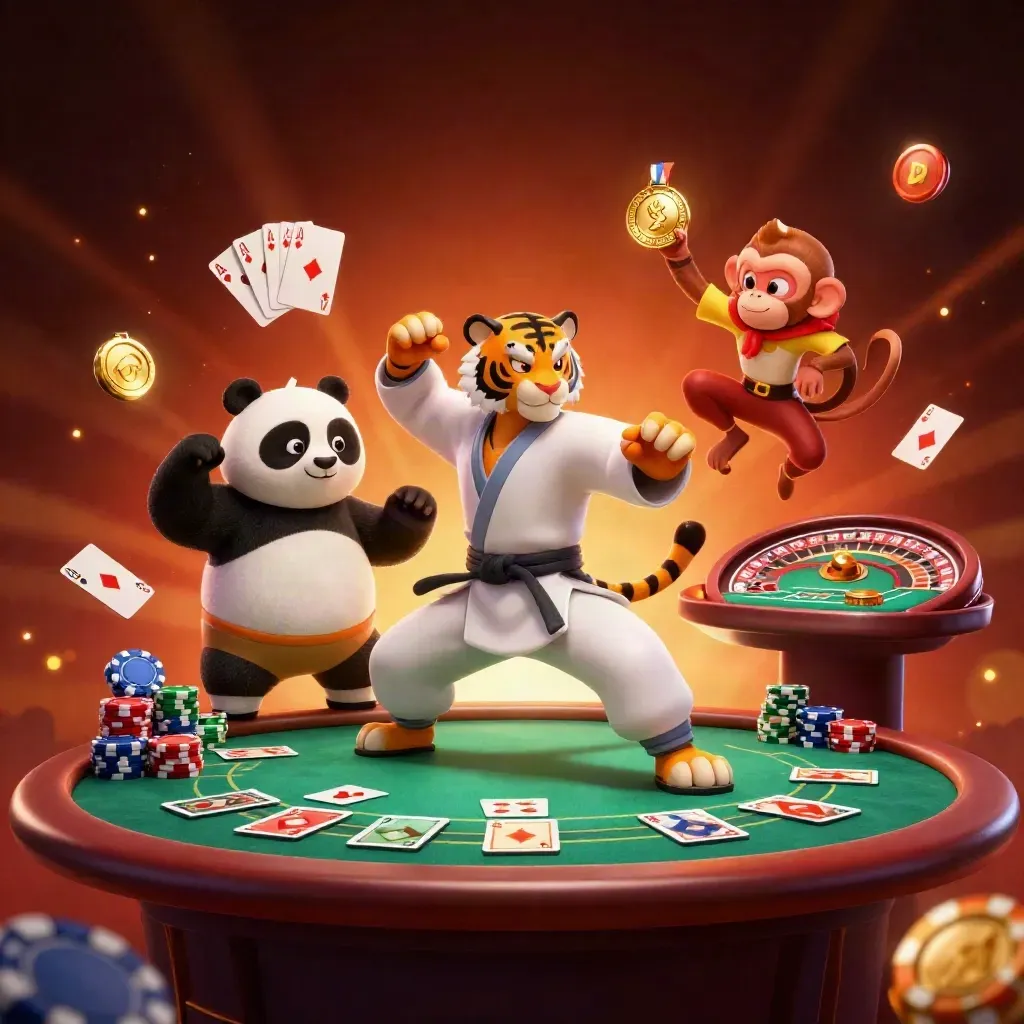 Tiger master, panda disciple, and monkey student amid casino treasures and glowing cards.