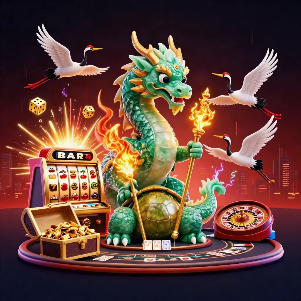 Emerald dragon, turtle sage and cranes amid slot machine, gold fire and casino treasure.