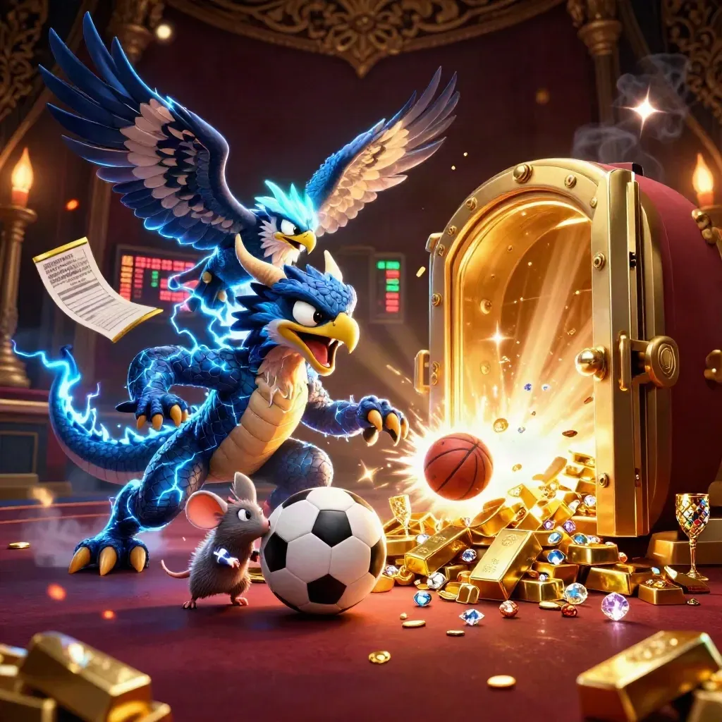 Dragon, hawk and mouse burst through casino gold with sports gear and treasure glow.