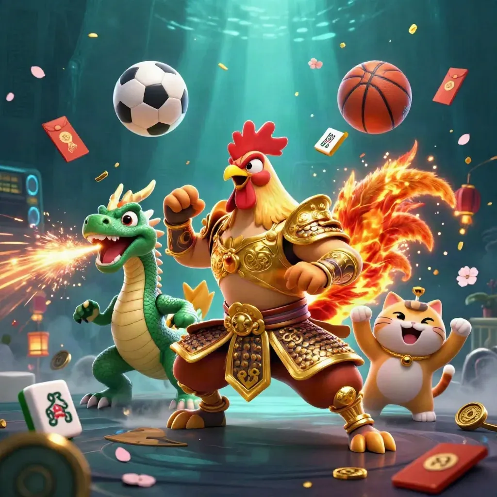 Rooster warrior, dragon hatchling, and fortune cat amid flying balls, coins, sparks, and teal-gold glow.