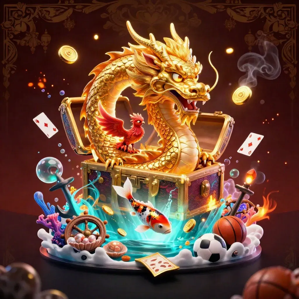 Golden dragon, phoenix, koi, coins, sports balls, and treasure in a dark luxury casino scene
