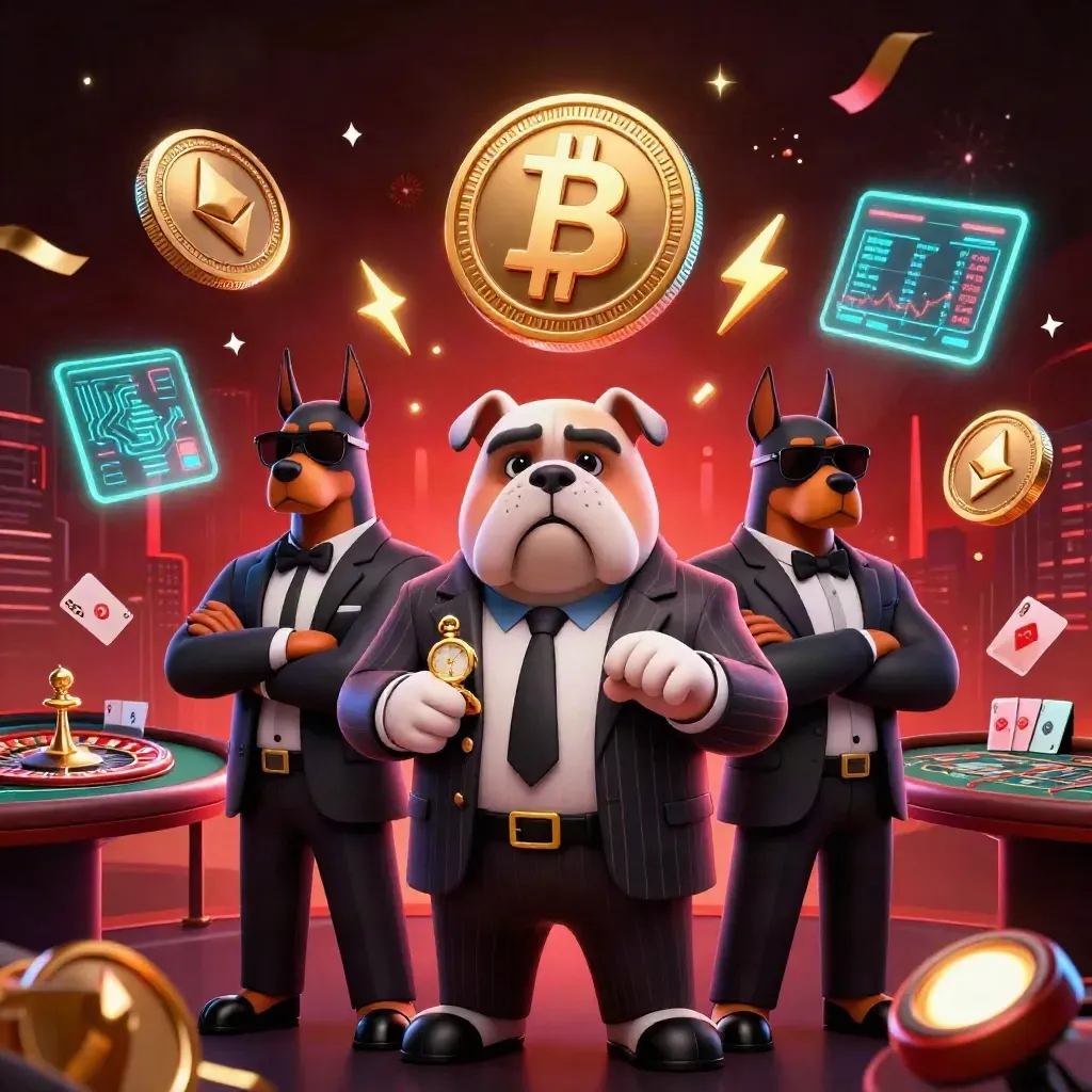 Bulldog boss and Doberman guards amid casino lights, coins, roulette, and neon effects.