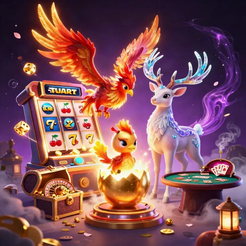Fire phoenix, baby phoenix and crystalline stag amid casino magic, slots, gold and glowing lights.