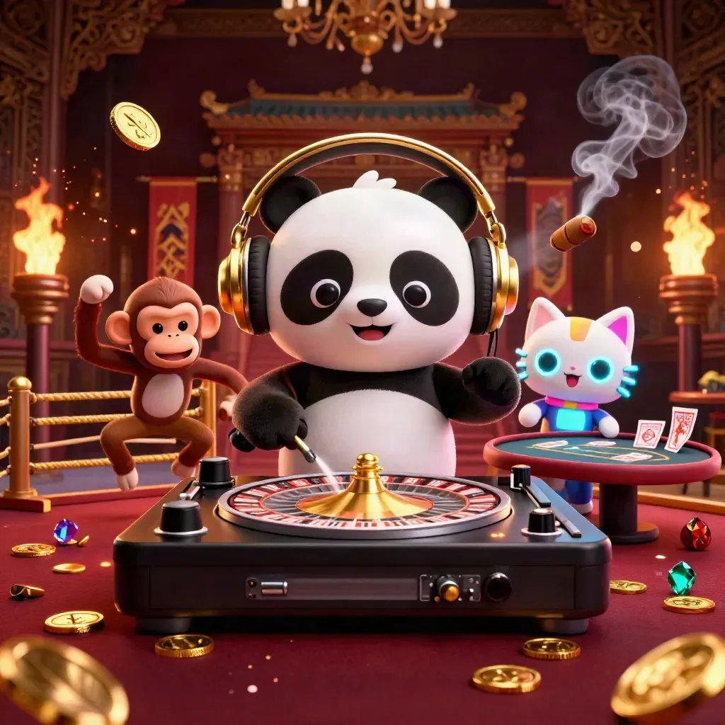 DJ panda, breakdancing monkey, and glow kitten in a luxe casino rave scene.