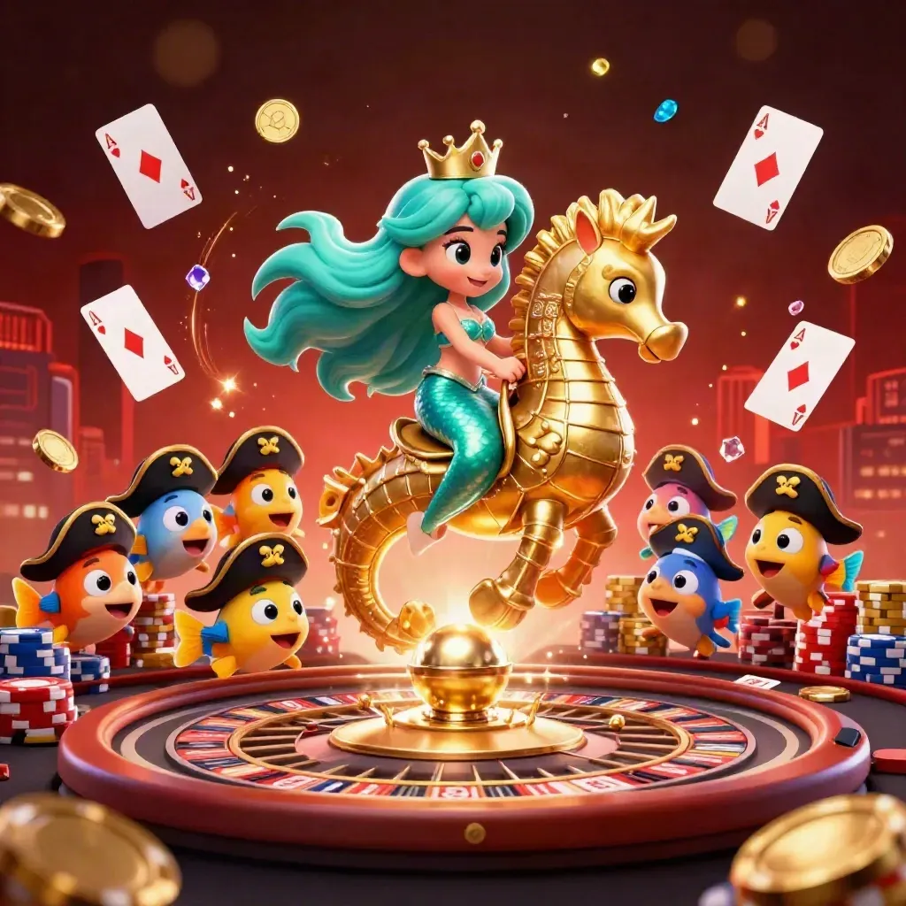 Mermaid princess on a gold-armored seahorse amid casino glow, coins, gems, and a spinning roulette wheel