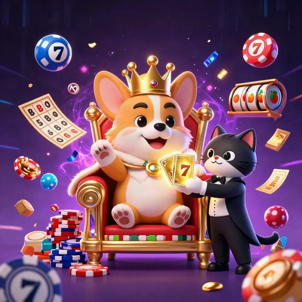 Royal corgi and cat butler amid casino magic, chips, balls, wheel, tickets, and neon energy.