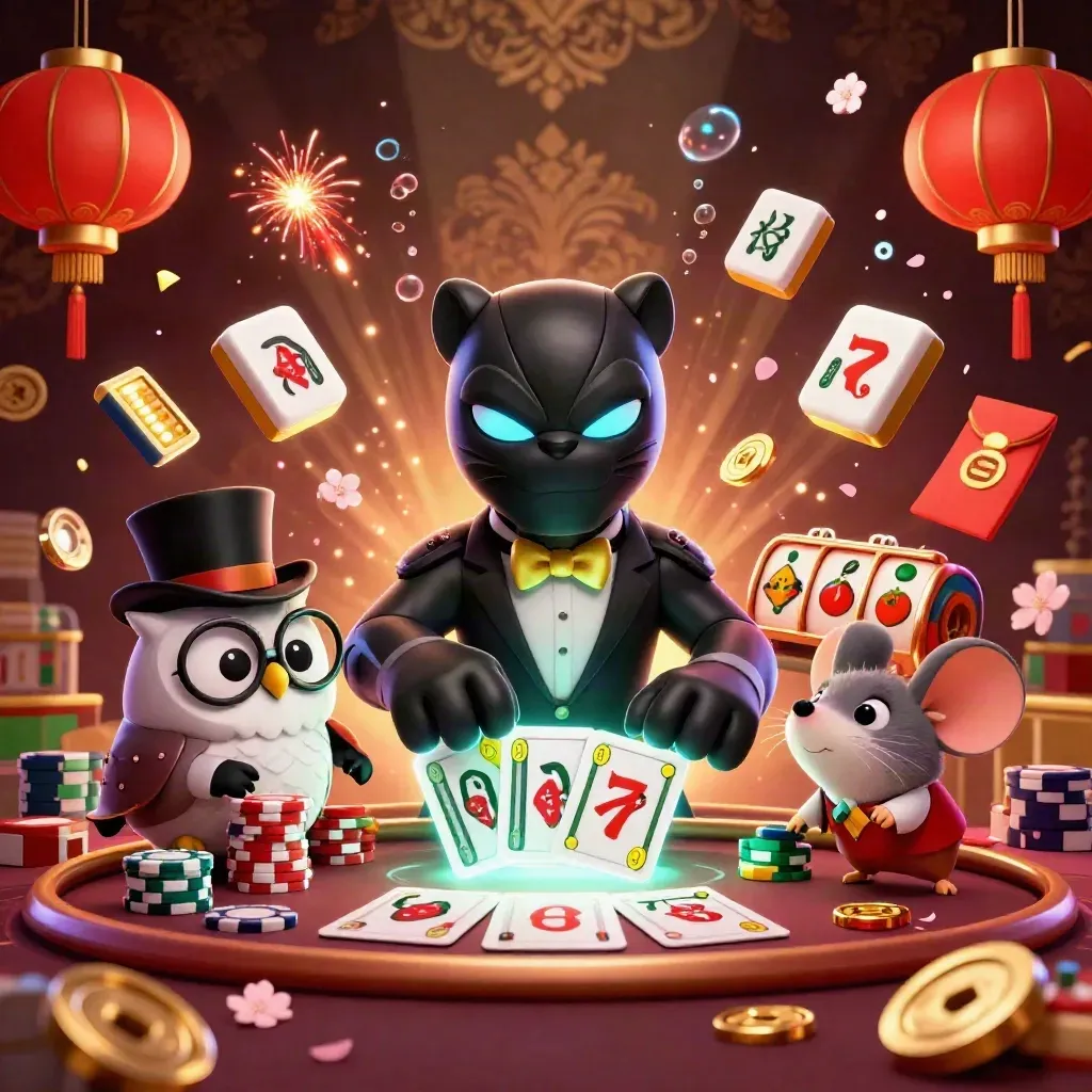 Black panther, owl, and mouse casino heroes amid neon chips, lanterns, and glowing treasure.