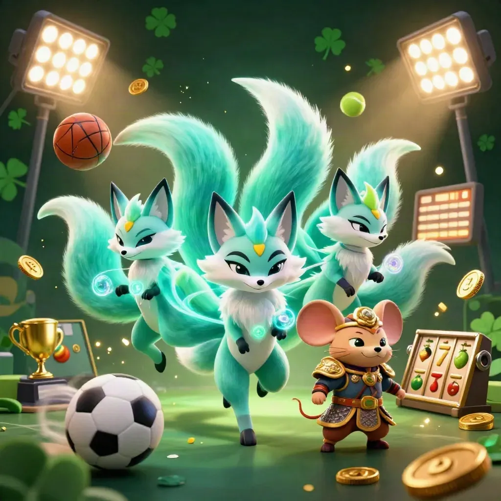 Fox spirit and armored mouse amid casino sports bursts, coins, and glowing lights.