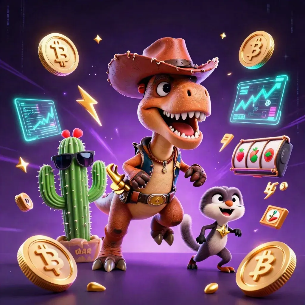 Cowboy T-Rex, cactus sidekick, and roadrunner burst through casino coins and neon energy.