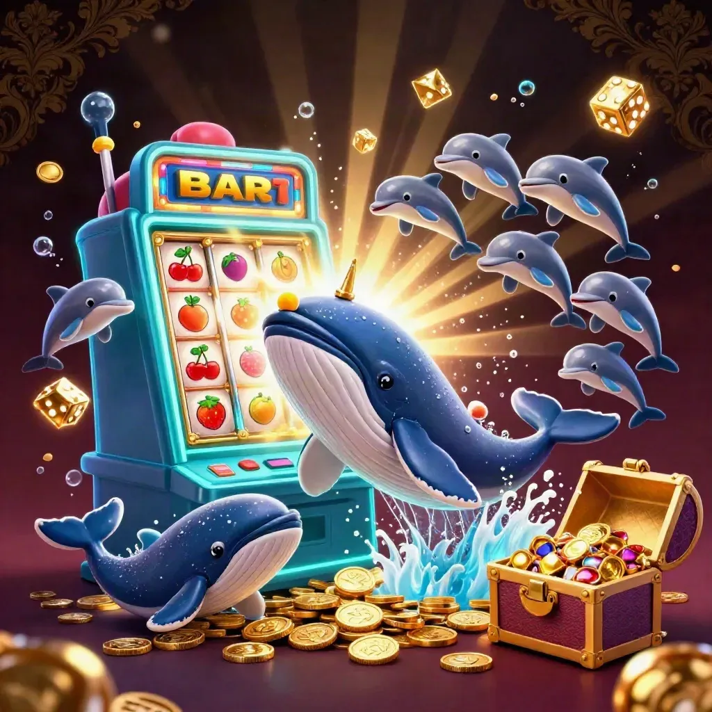Whale captain, narwhal, and dolphins erupting with coins, gems, and slot-machine jackpot energy