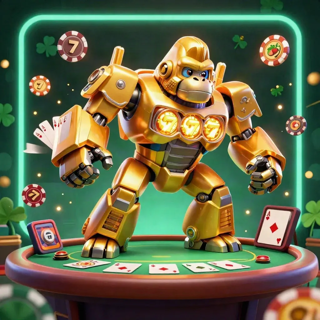 Golden gorilla mech with tiny monkey pilot bursts from chips and cards in neon casino glow