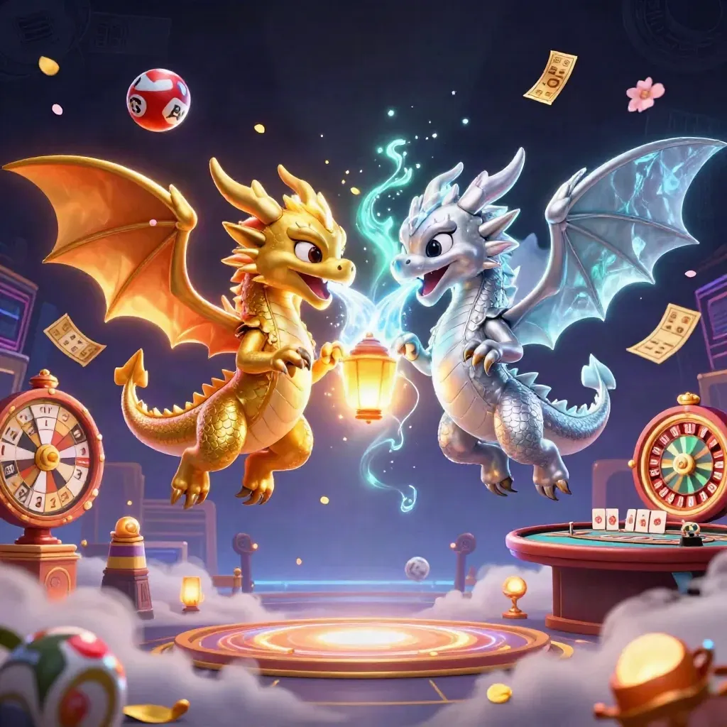 Twin gold and silver dragons in a casino burst with coins, wheels, cards, and neon light.