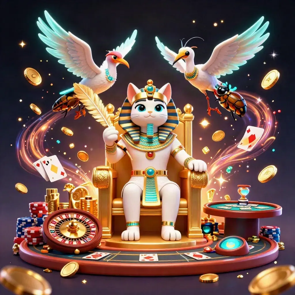 Pharaoh cat, ibis scribe, and scarab beetles amid coins, roulette, cards, and fireworks.