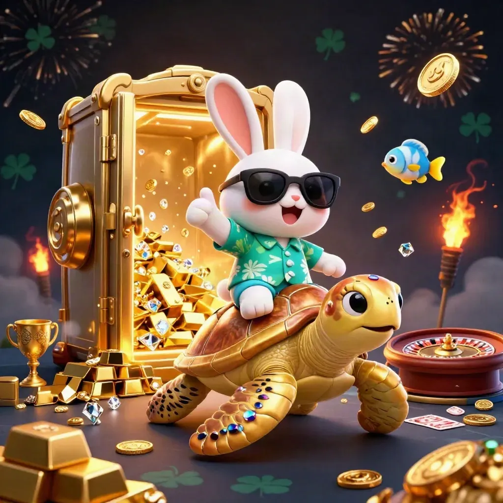 Lucky rabbit on a golden turtle amid vault treasure, coins, roulette and casino glow.