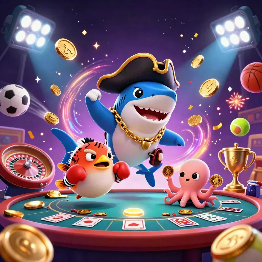 Shark pirate, pufferfish, and octopus amid coins, fireworks, roulette, and casino glow.