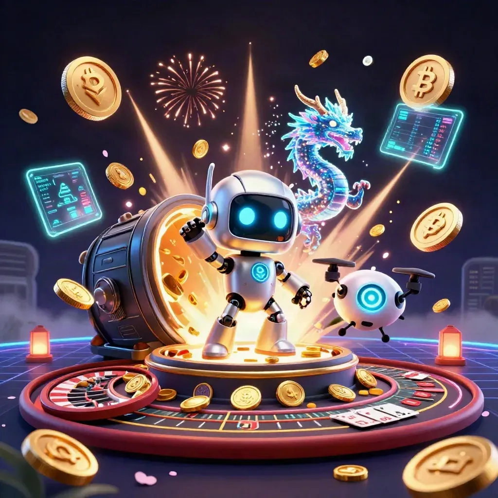 Robot mascot, holographic dragon, and drone amid casino coins, fireworks, and neon effects.