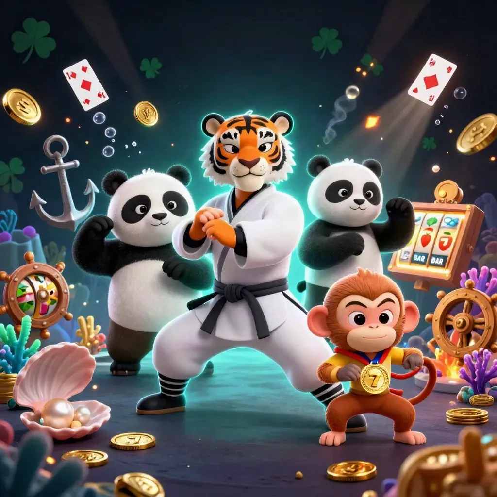 Kung-fu tiger, panda, and monkey amid casino treasure, reels, and glowing coral.