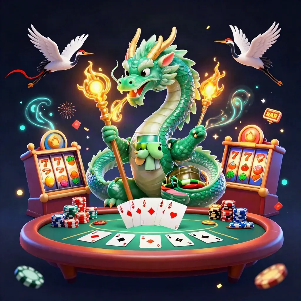 Emerald dragon, turtle sage, and cranes amid casino chips, cards, and golden fire.