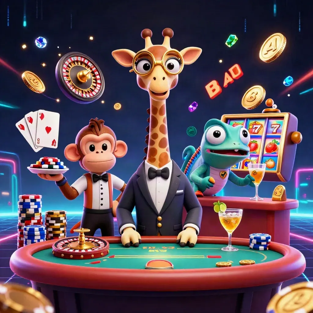 Giraffe, monkey, and chameleon casino heroes amid chips, coins, roulette, and neon energy.