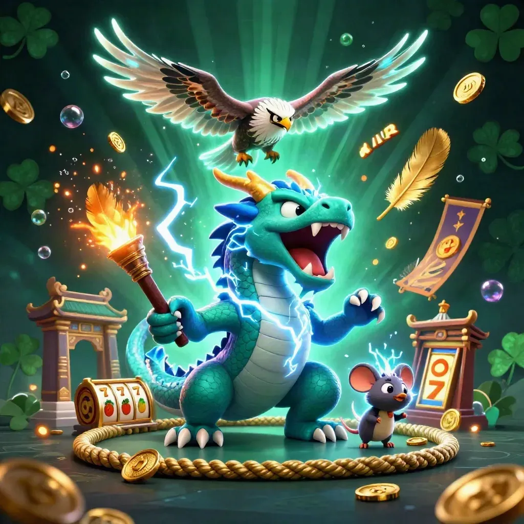 Thunder dragon, wind hawk and static mouse amid casino relics in neon glow.