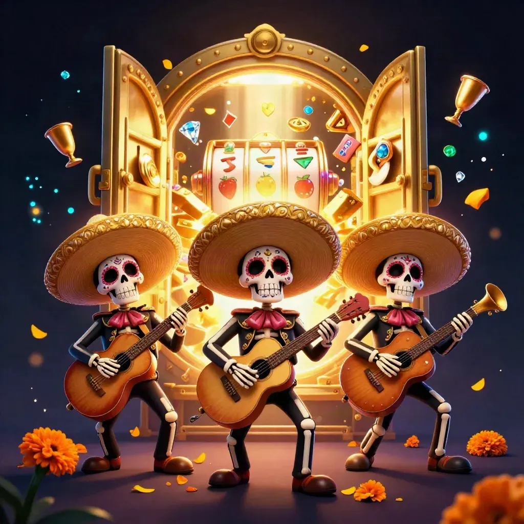 Skeleton mariachi trio with gold vault, gems, and neon casino glow
