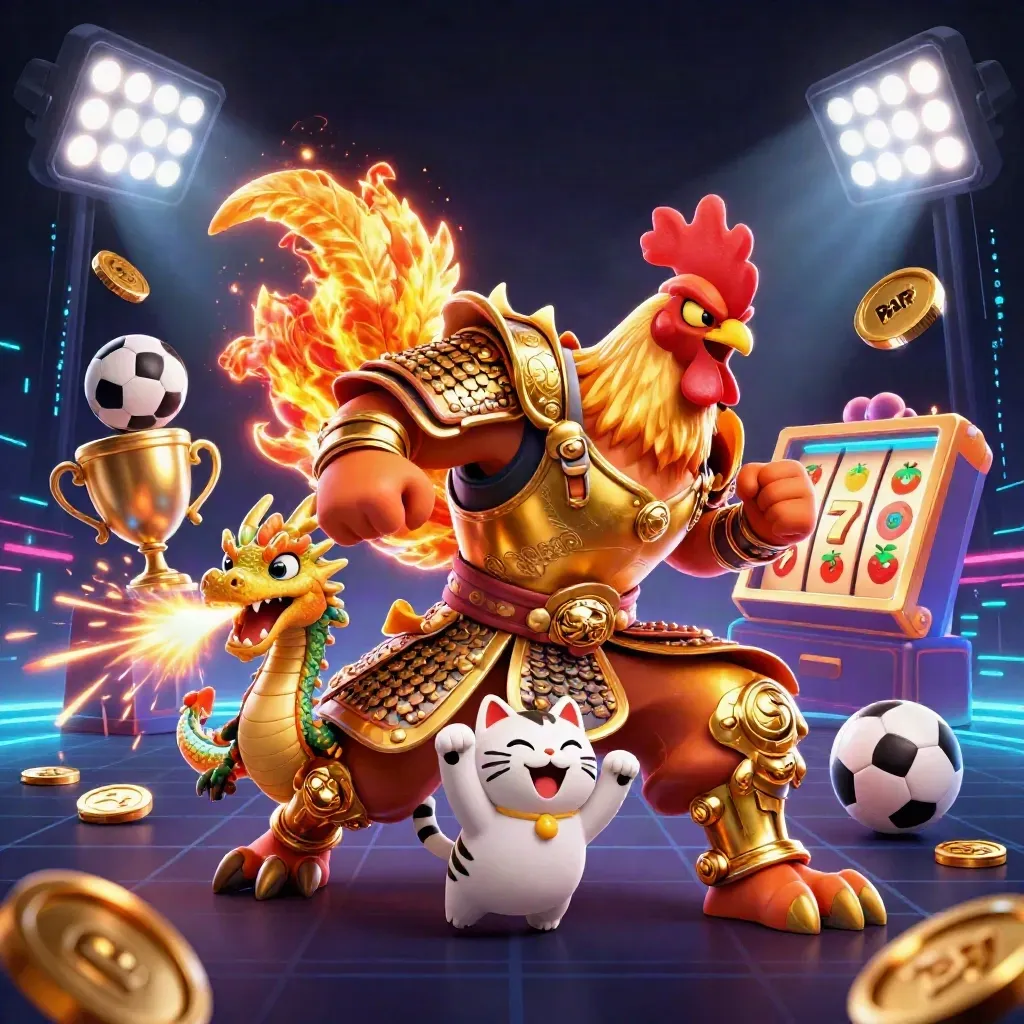 Rooster warrior, dragon hatchling, and fortune cat amid casino loot, neon teal sparks, dark epic glow.