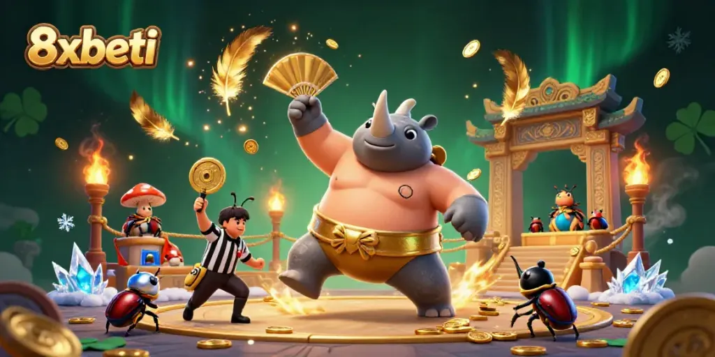 Experience the excitement of 8xbeti with a dynamic sumo-themed digital casino scene.