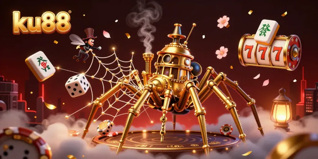 ku88 captures excitement with a steampunk spider, golden chains, and thrilling gambling elements