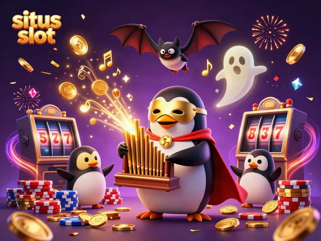 Experience the excitement of situs slot with a whimsical, 3D casino illustration featuring animated characters and dynamic game elements.