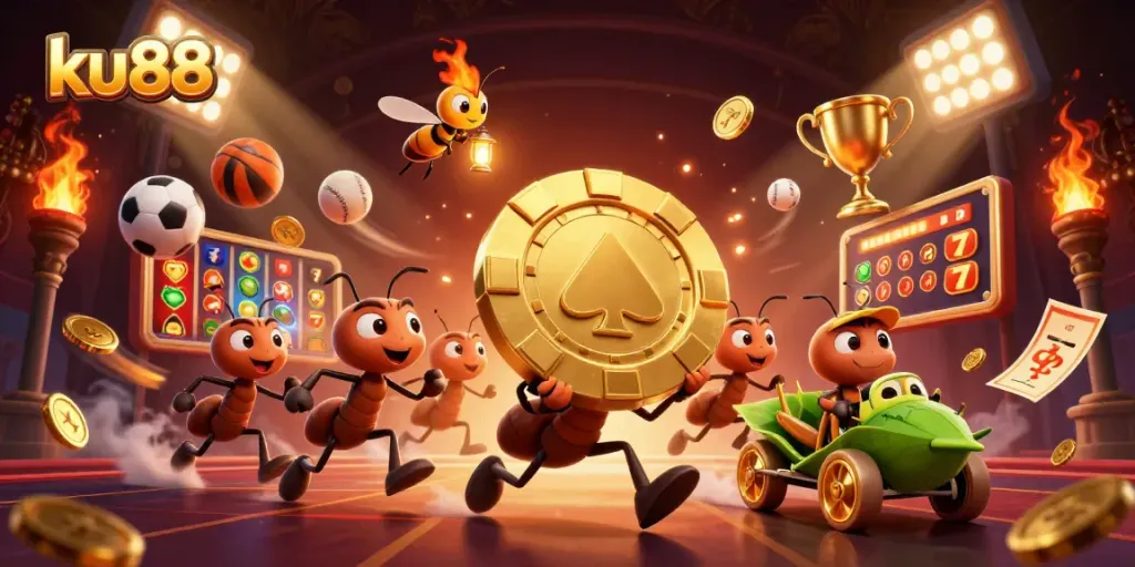 ku88 showcases a cartoon heist scene with ants and golden poker chips in a vibrant casino setting.