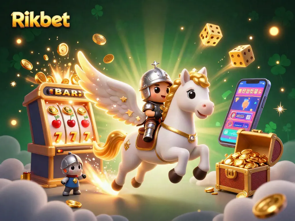 Rikbet thrills with a magical 3D casino scene featuring a jackpot explosion and celestial horse.