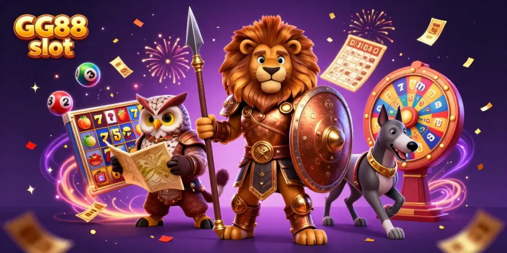 Engage with GG88 slot's thrilling dynamics in this vibrant 3D rendering of casino excitement.