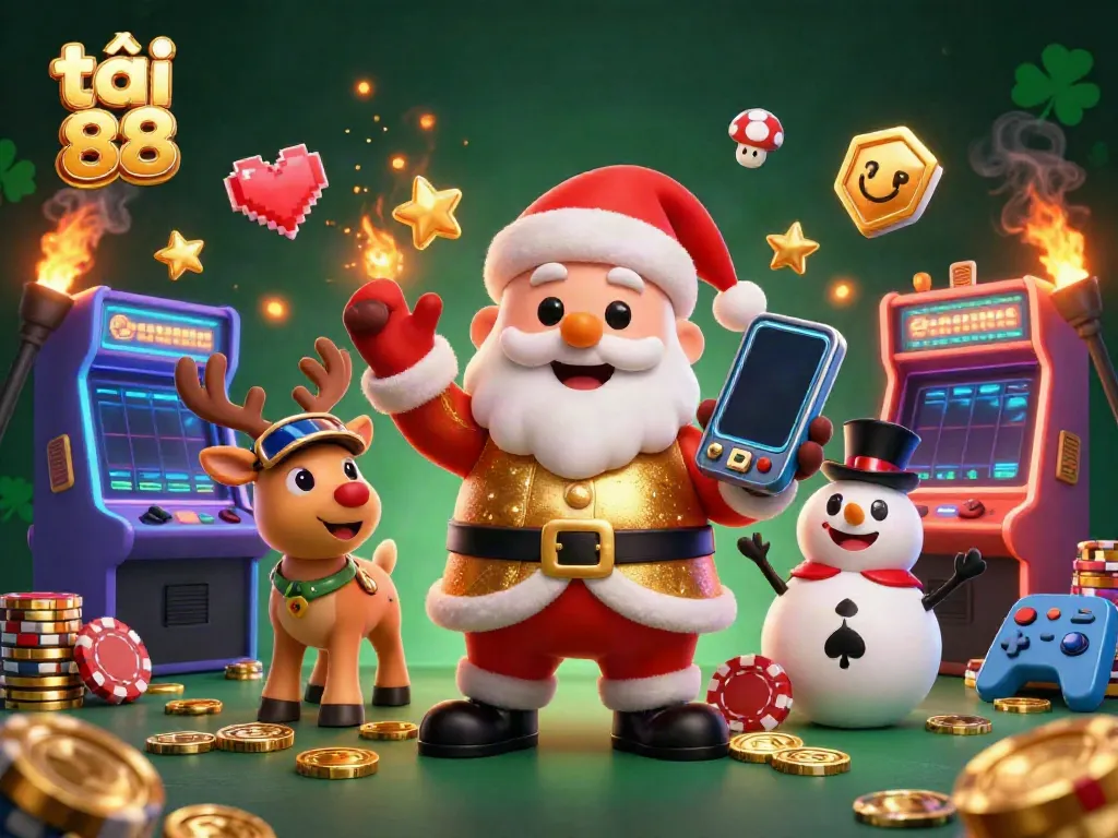 Engage with the festive scene of tải go 88 featuring a 3D cartoon Santa and friends in a vibrant casino atmosphere.