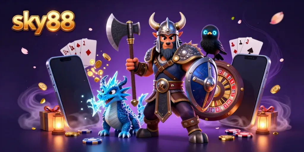 Experience the thrilling adventures in sky88 with a Viking warrior, dragon, and vibrant casino elements.