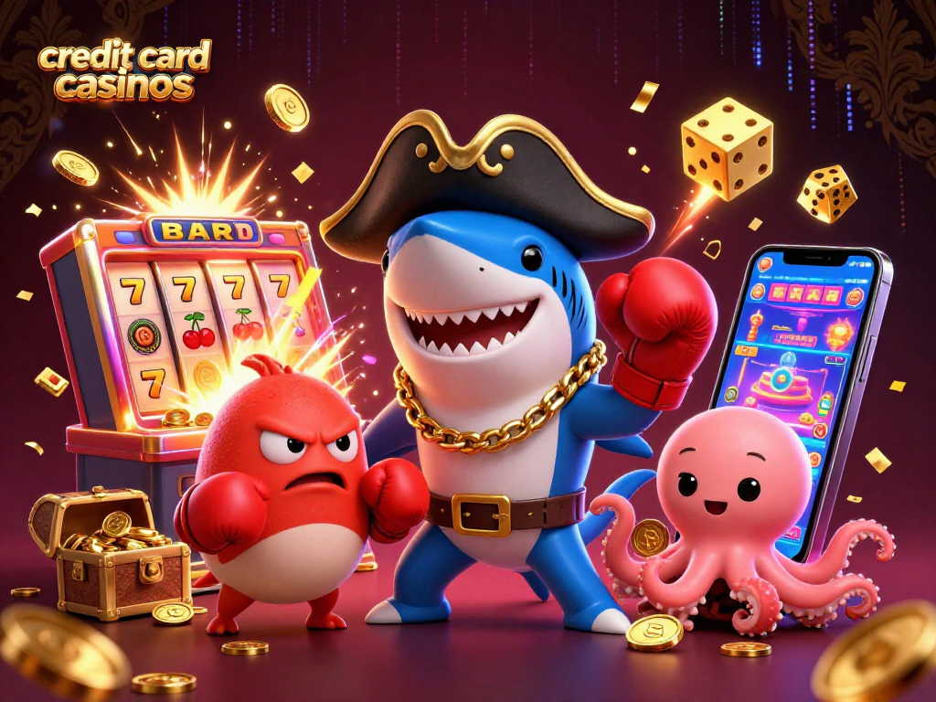 This vibrant scene showcases credit card casinos featuring animated characters celebrating a jackpot explosion.