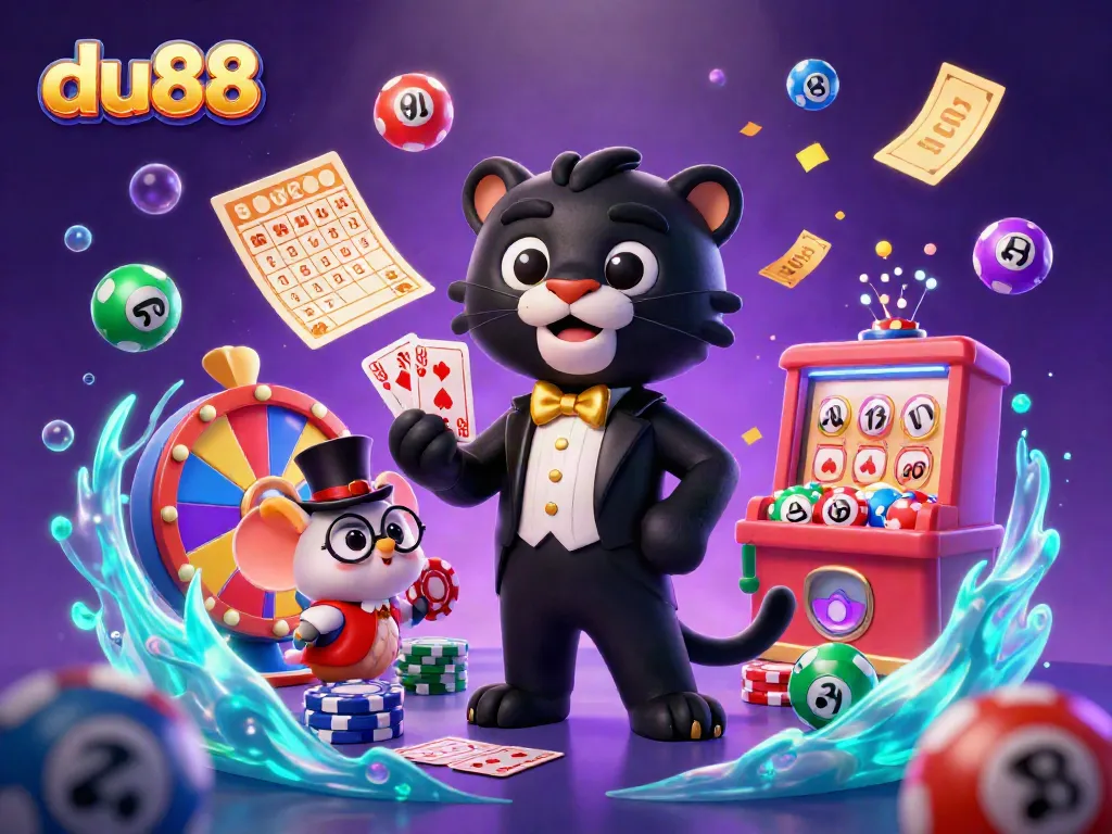 Experience vibrant gameplay with du88 as a stylish panther deals cards amidst colorful lottery elements.