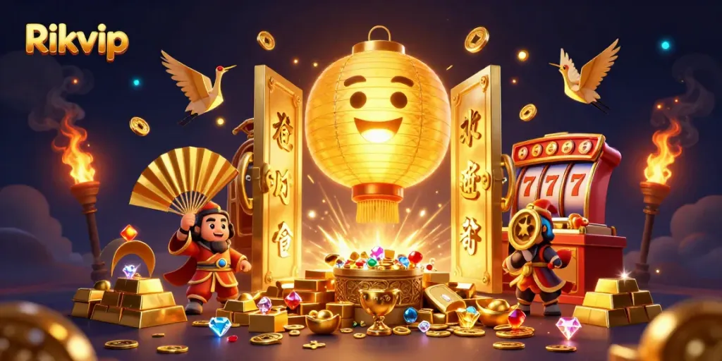 Experience the vibrant playfulness of Rikvip with a golden lantern spirit and casino treasures.
