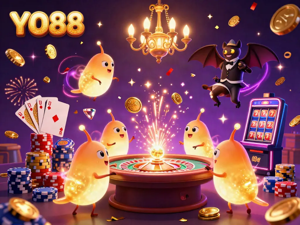 Experience the excitement of YO88 with glowing characters and lively game elements in this vibrant casino scene.