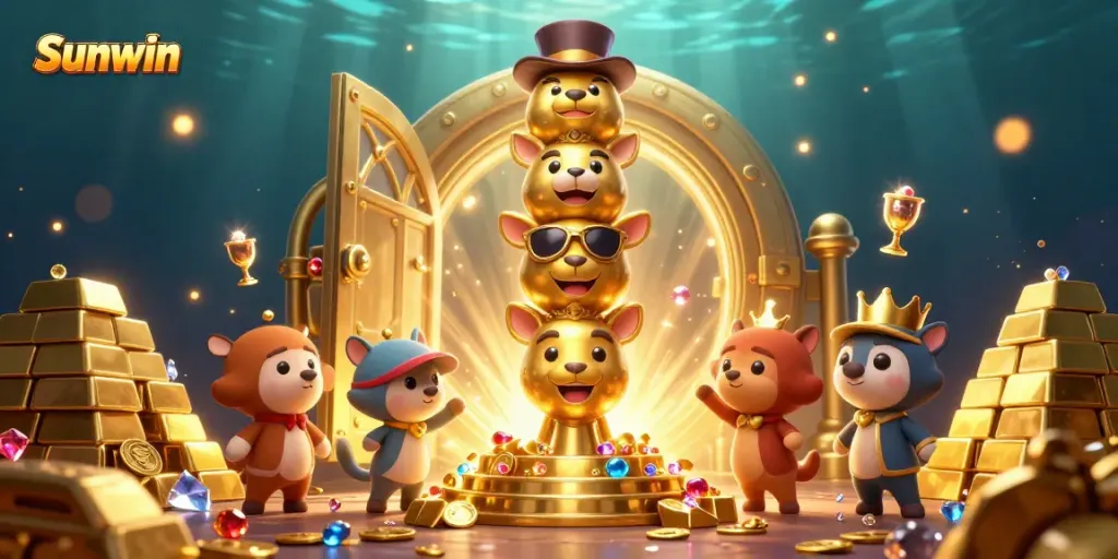Experience the thrilling world of Sunwin with this vibrant 3D casino scene filled with treasures.
