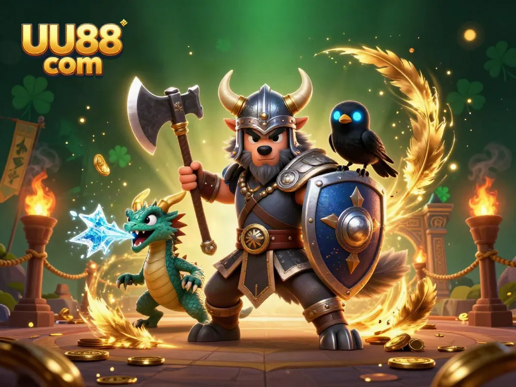 Experience excitement with UU88 com as a Viking wolf warrior battles in a rich casino arena.