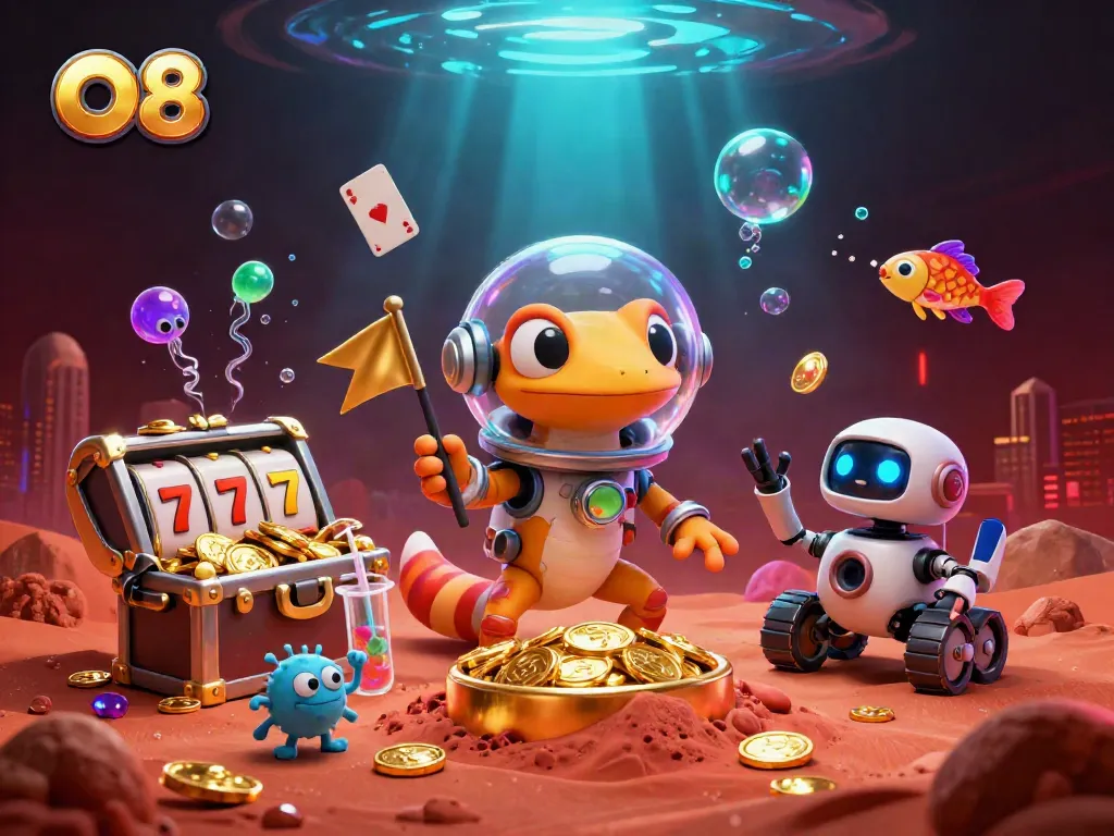 The O8 Martian gecko explores a vibrant golden casino, surrounded by treasures and psychedelic gameplay elements.