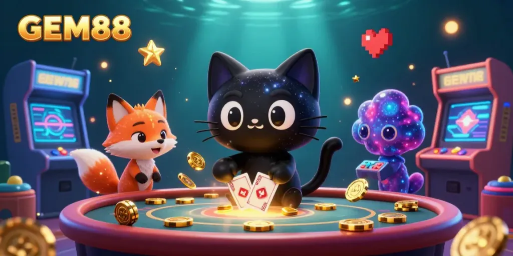 Experience GEM88 in a cosmic casino scene with a black hole cat and colorful arcade elements.