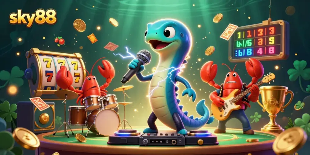 Experience gambling excitement with sky88 through a lively underwater casino scene featuring vibrant characters and thrilling elements.
