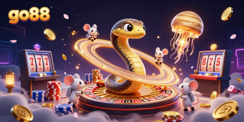 Experience go88's thrilling gaming adventure with cosmic characters and vibrant casino elements.