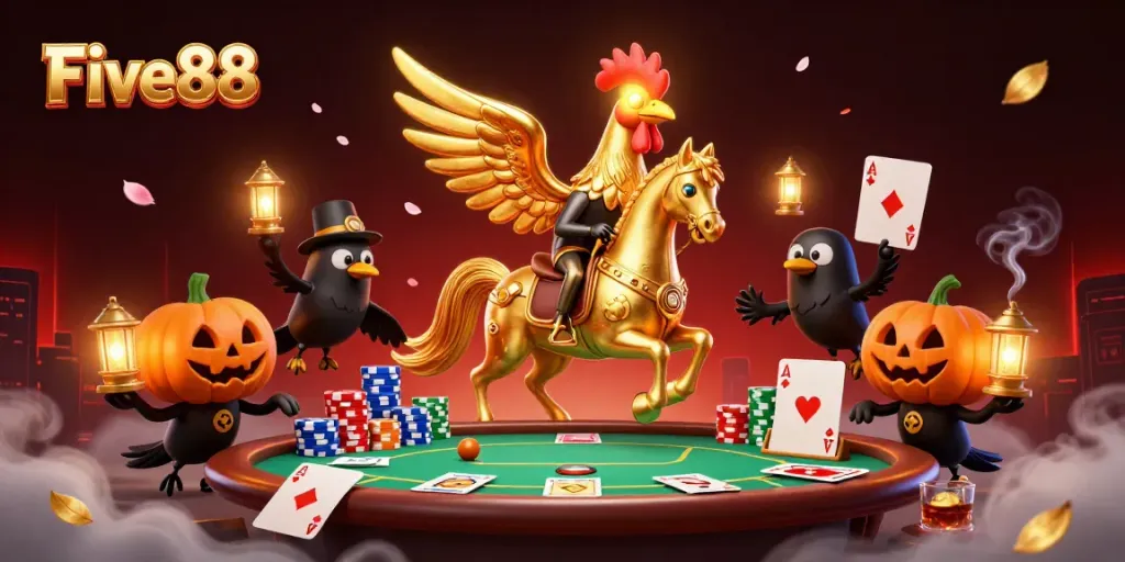 Five88 captures an adventurous gaming night in a vivid casino with a unique rooster character.