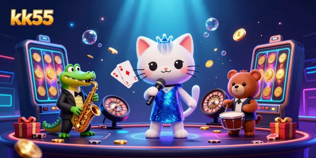 Join the vibrant kk55 casino excitement with a jazz-singer cat, a saxophone crocodile, and a drum-playing bear cub.