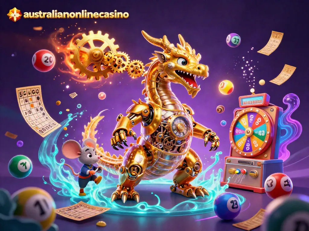 Experience thrilling moments at australianonlinecasino with a golden biomechanical dragon amidst vibrant lottery balls and prizes.