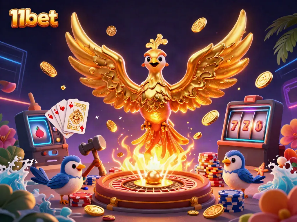 Engage with the thrilling world of 11bet as molten gold pours from a phoenix, enriched with vibrant casino elements.